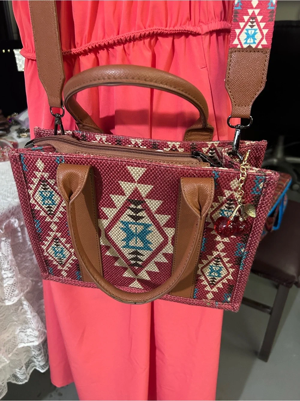 2 Red Aztec-Pattern Crossbody Tote Bags with Removable Strap and bag charm